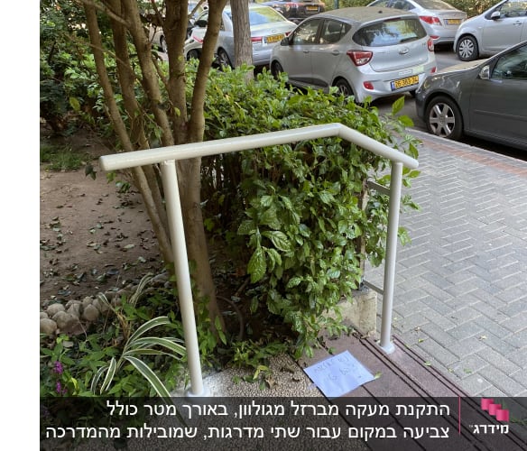 מעקה מתכת לבן ליד שביל מרוצף